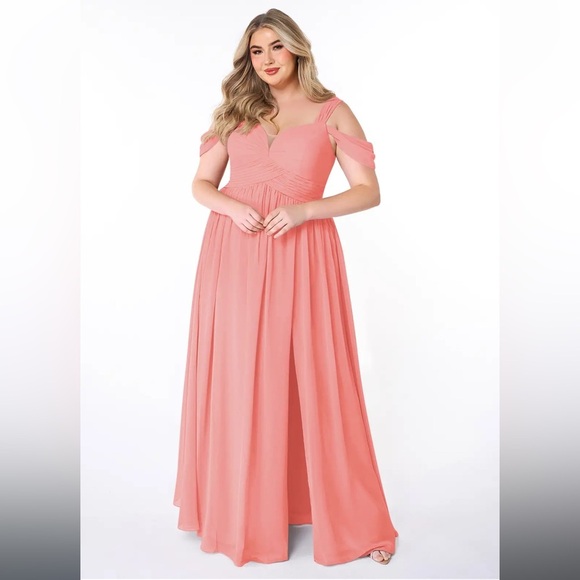 Azazie Dresses & Skirts - AZAZIE LIANNE Coral A-Line Off the Shoulder Chiffon Dress size A20 Plus
